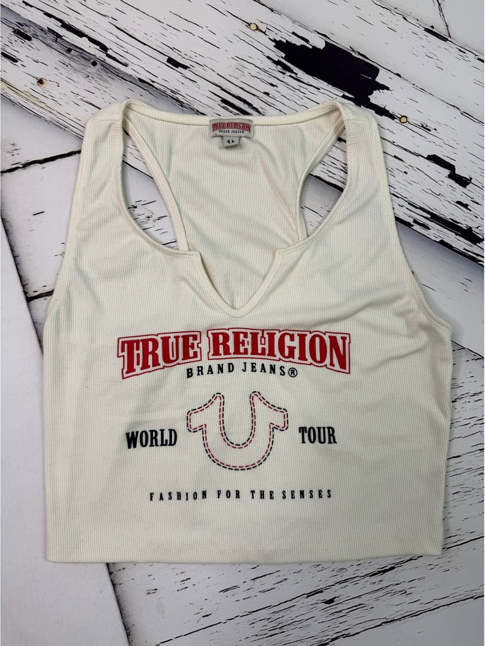 True Religion Y2K Boho Ribbed Edgy Logo V Neck Crop Top Women’s Large